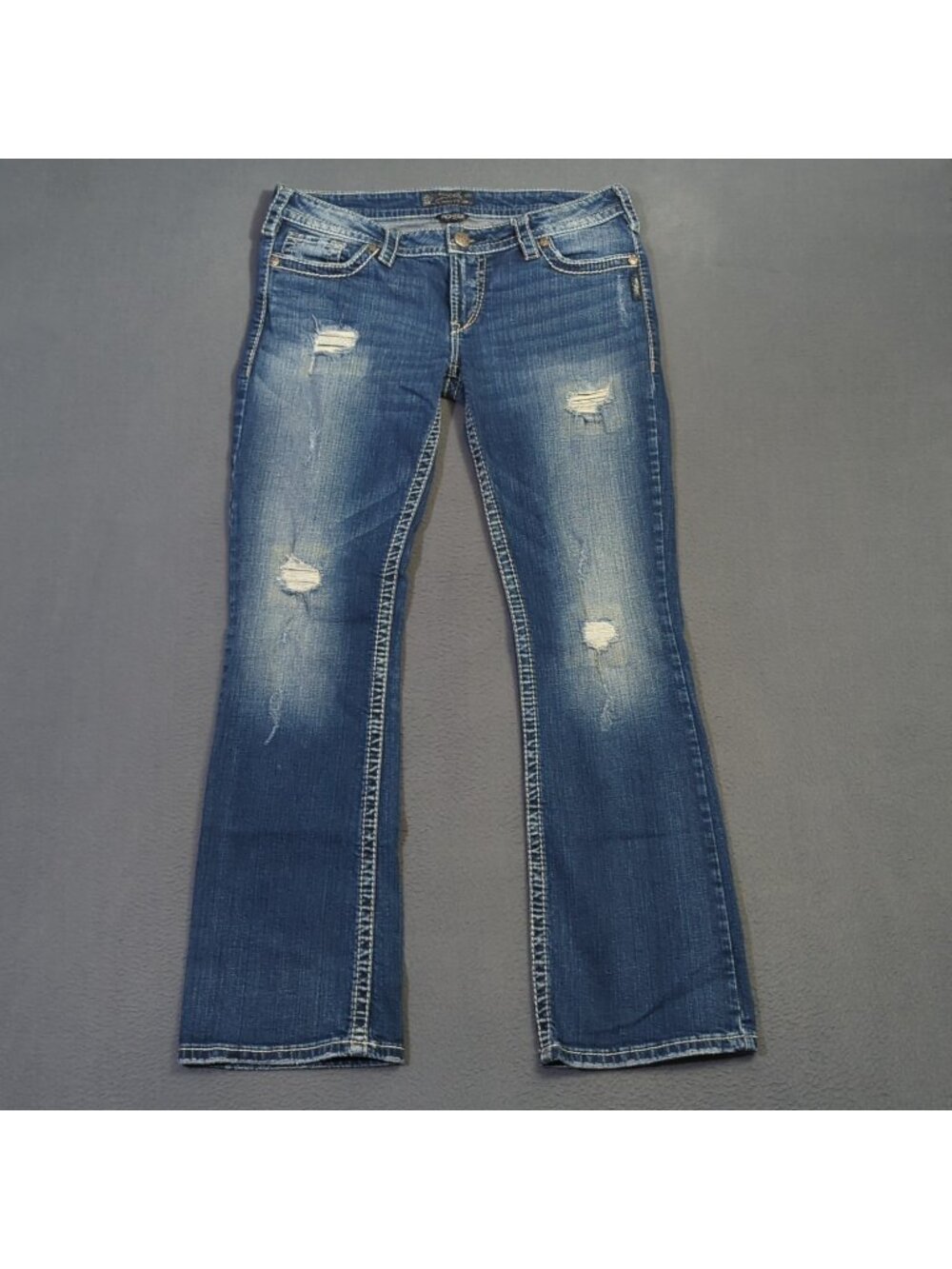 Silver Jeans Women's 33x33 Fits 34x31 Blue Pioneer Bootcut Distressed Denim